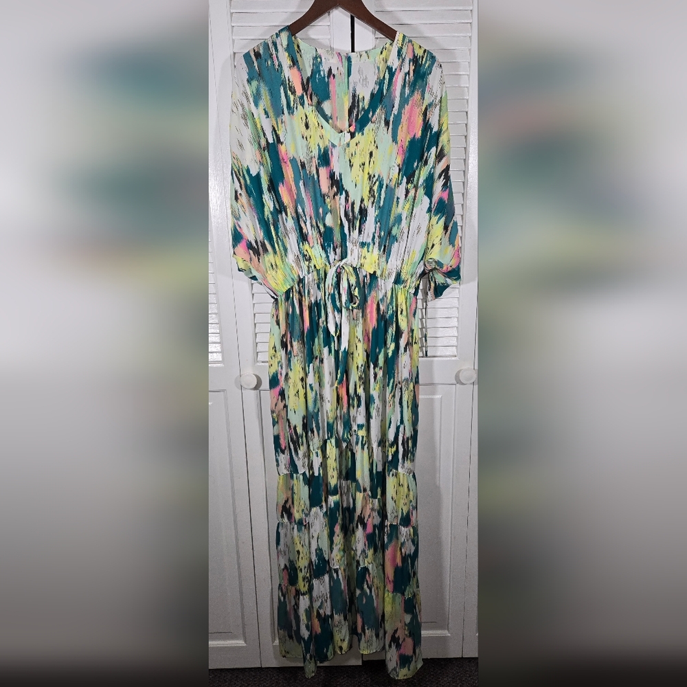 Melissa McCarthy x Seven 7 Chiffon Tiered Green Abstract Dolman Maxi Dress 3XL